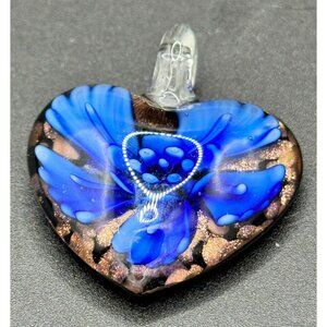 Lampworking Art Glass Heart Blue Flower Copper Glitter Foil Handcrafted Pendant